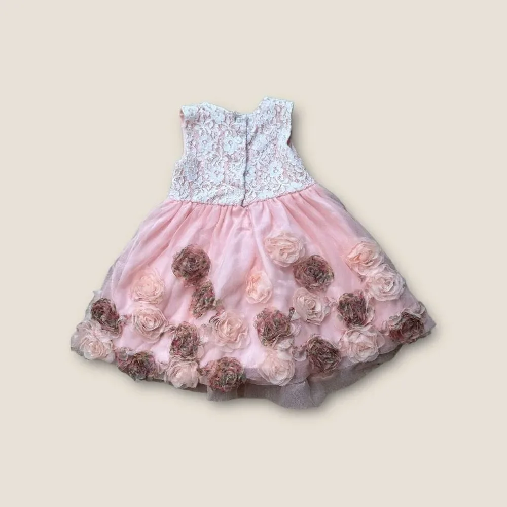 Little Lass Pink Lace-Accent Rosette-Skirt A-Line Dress‎